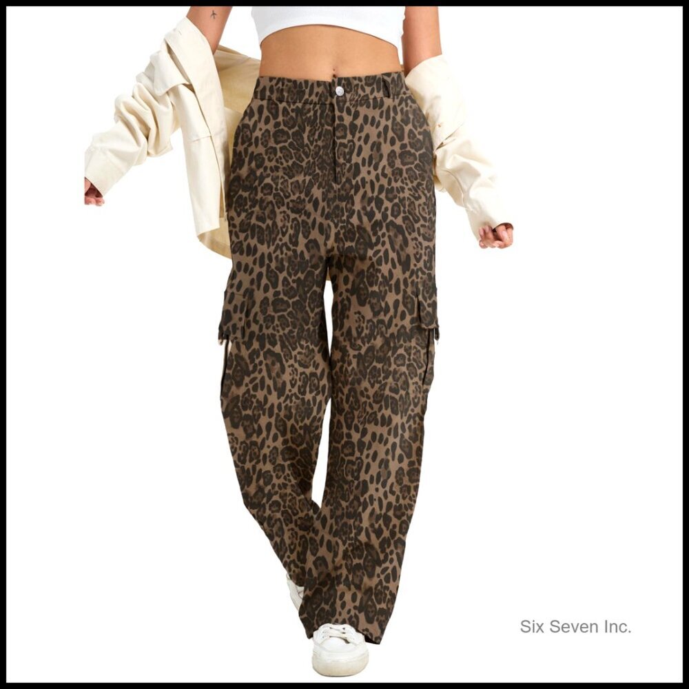 High Waist Wide Leg Cargo Pants Stretchy Pull On Baggy Casual - Picture 1 of 6